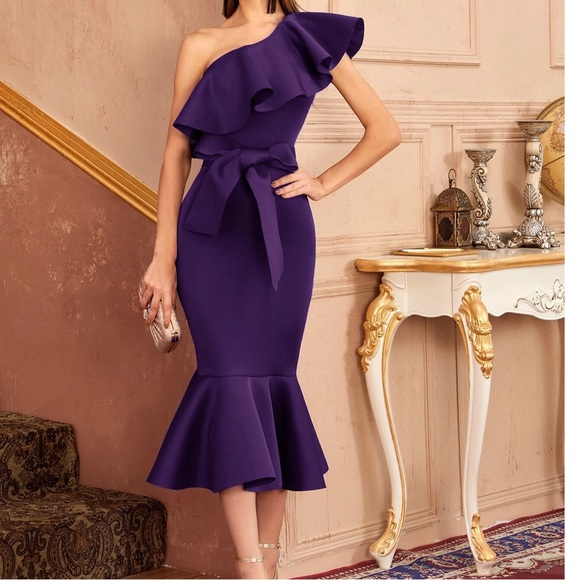 SHEIN Dresses & Skirts - SHEIN Belle One Shoulder Exaggerated Ruffle Self Belted Mermaid Dress (M/6)